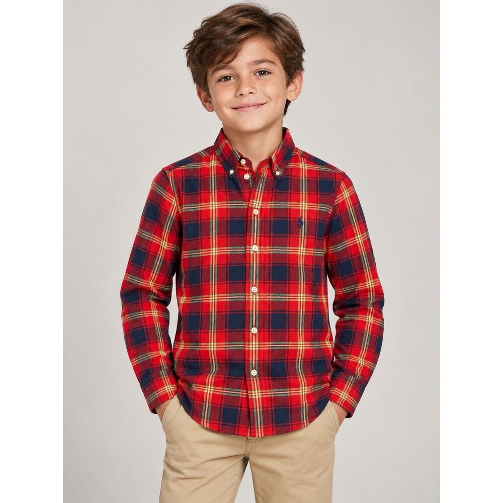 Polo Ralph Lauren Boys M 10-12 Red Tartan Plaid Cotton Button Down Shirt